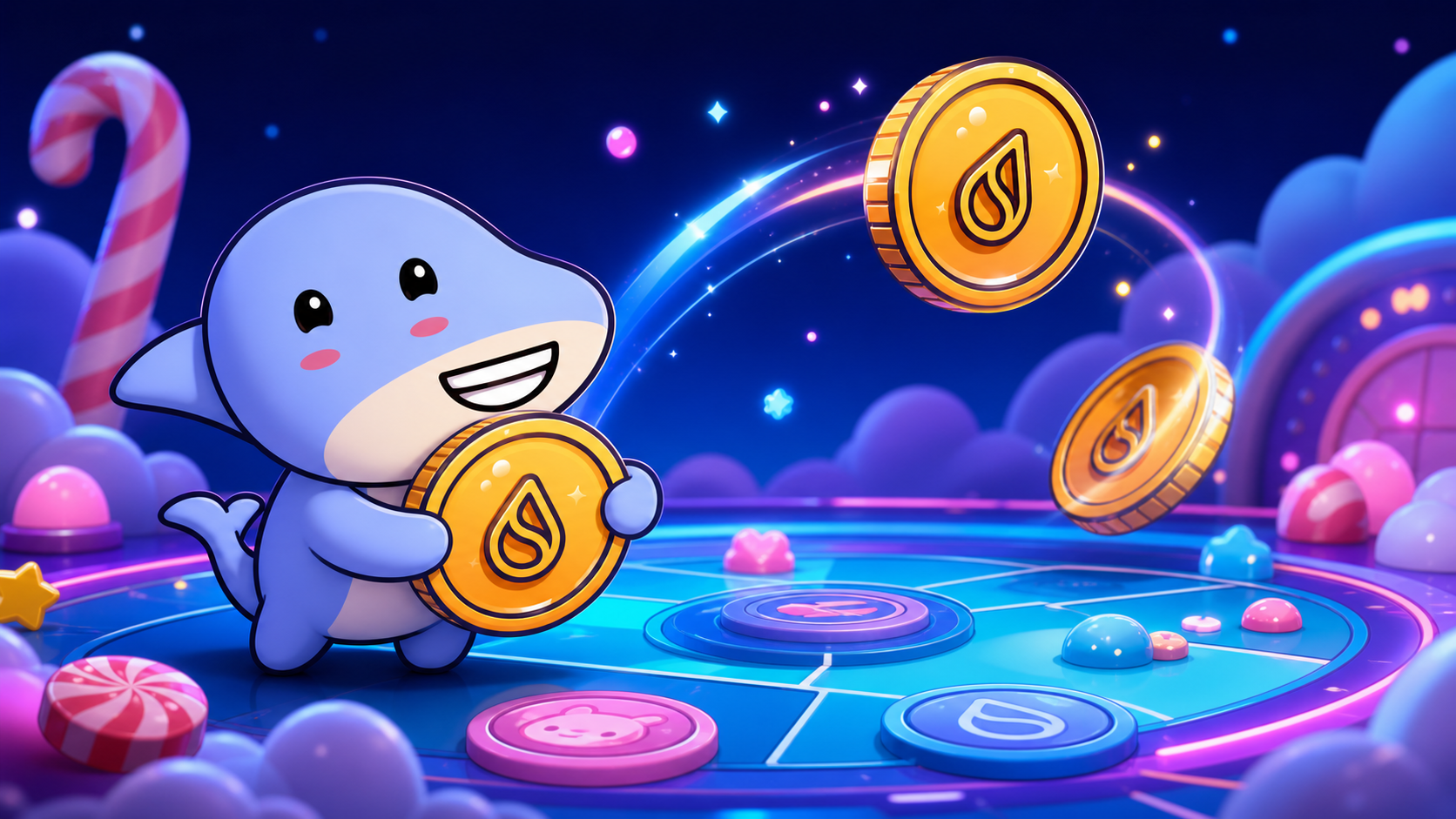 Suigar bullshark mascot holding gold coinflip coins in a candy casino scene