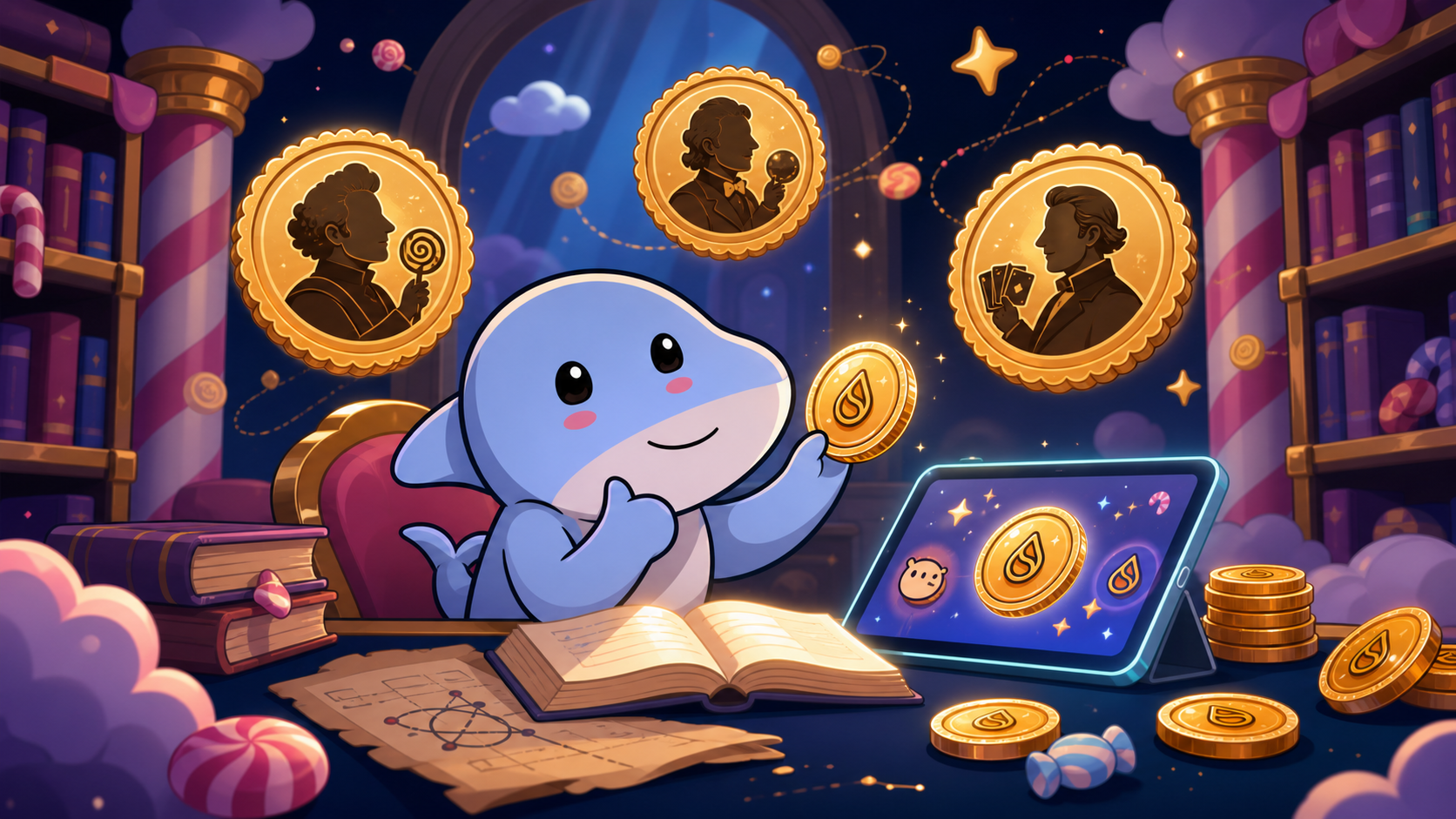 Suigar bullshark studying probability history in a candy library