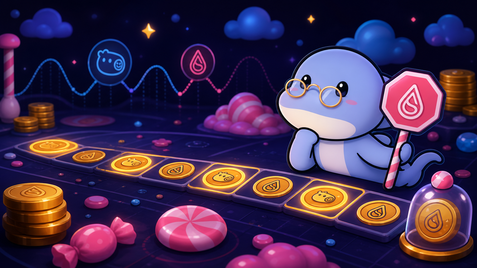 Suigar bullshark calmly watching a glowing sequence of coinflip results